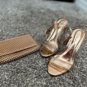 Rose gold clutch and perspex heeled sandals